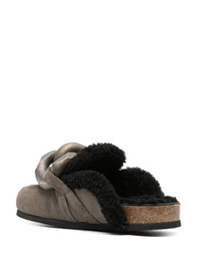 Chain Loafer Shearling Mules Grey