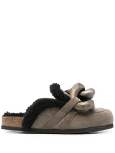 Chain Loafer Shearling Mules Grey